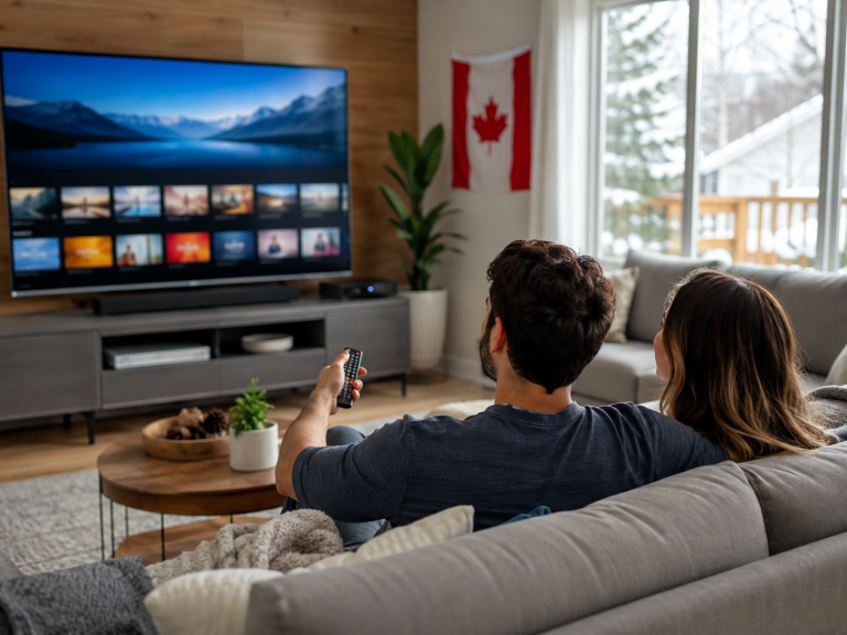 Canadian living room set up for streaming an IPTV service on a smart TV